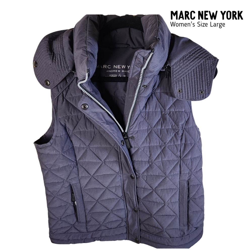 Marc New York Blue Quilted Vest Women's Sz L Detachable Hood Zipper Pockets
